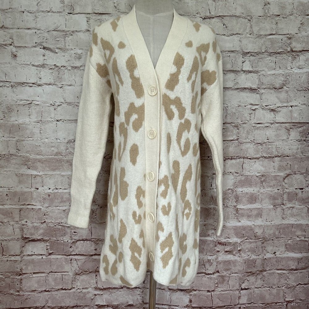 Treasure & Bond Leopard Long Length Button Front Ivory Tan Cardigan Size XXS NEW